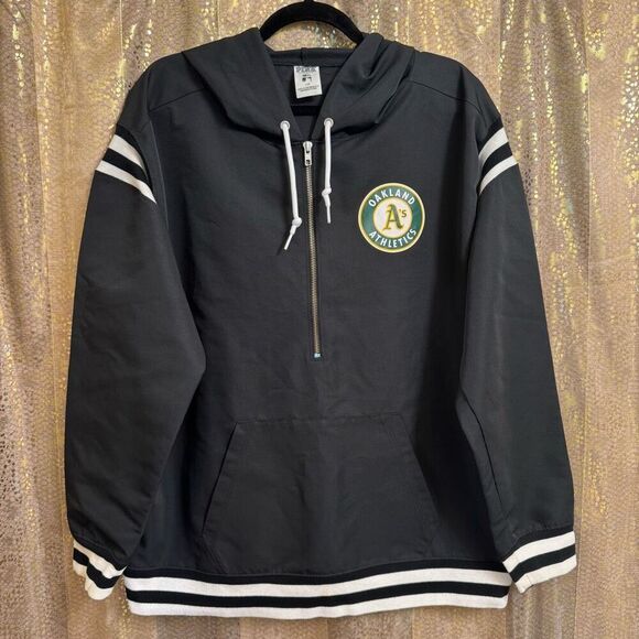 PINK Victorias Secret Black MLB Oakland A's Pullover Windbreaker Jacket Large - Picture 1 of 8